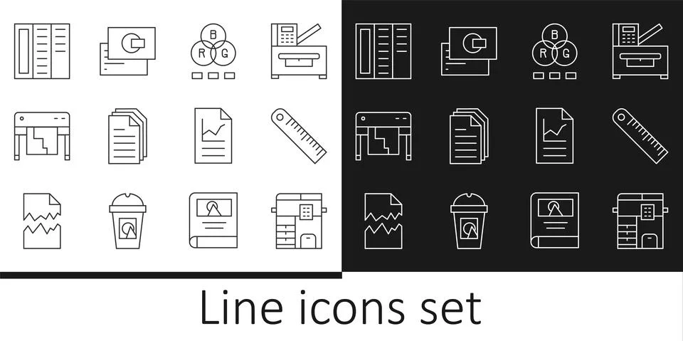 Set line Copy machine, Ruler, RGB color mixing, File document, Plotter, Brochure Stockillustratie