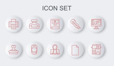 Set line Copy machine, Stamp, Photo album gallery, Empty document, Printer, Ink Stock Illustration