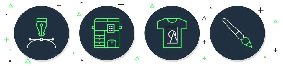 Set line Copy machine, T-shirt, Fountain pen nib and Paint brush icon. Vector Ilustração Stock