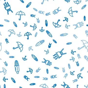Set line Corn, Barbecue grill and Umbrella on seamless pattern. Vector Stock Illustration