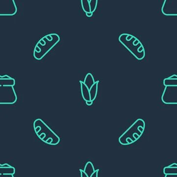 Set line Corn, Bread loaf and Full sack on seamless pattern. Vector Stock Illustration