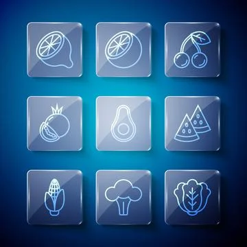 Set line Corn, Broccoli, Cabbage, Cherry, Avocado fruit, Tomato, Lemon and Wa Stock Illustration