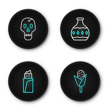 Set line Corn, Burrito, Tequila bottle and Skull icon. Vector Stock Illustration