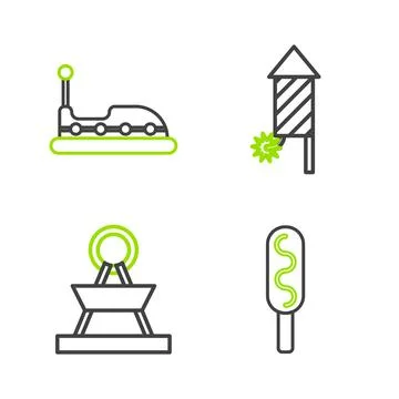 Set line Corn dog, Attraction carousel, Firework rocket and Bumper icon. Vect Stock Illustration