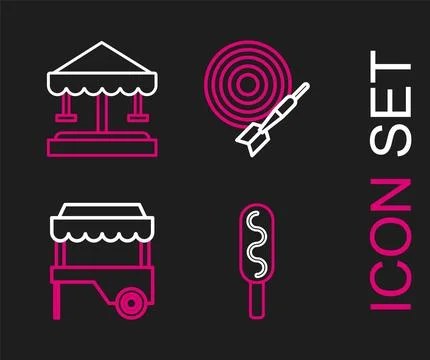 Set line Corn dog Fast street food cart with awning Classic dart board and ar Ilustración de archivo