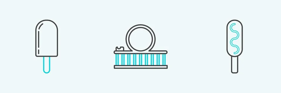 Set line Corn dog, Ice cream and Roller coaster icon. Vector Illustrazione stock