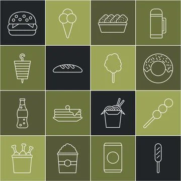 Set line Corn dog, Meatballs on wooden stick, Donut, Chicken nuggets in box Illustrazione stock