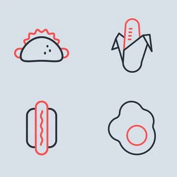 Set line Corn, Hotdog, Scrambled egg and Taco with tortilla icon. Vector Stock Illustration