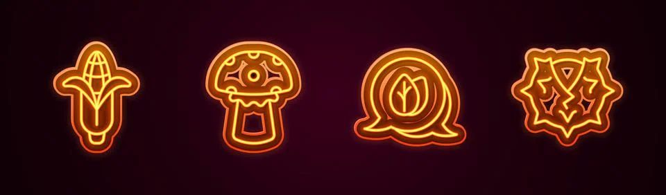 Set line Corn, Mushroom, Leaf and Chestnut. Glowing neon icon. Vector 스톡 일러스트