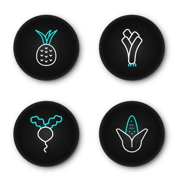 Set line Corn, Radish, Leek and Pineapple icon. Vector Stock Illustration