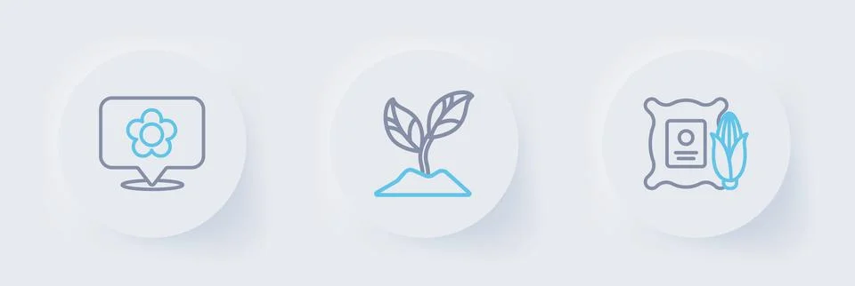Set line Corn in the sack, Plant and Location with flower icon. Vector Stock Illustration