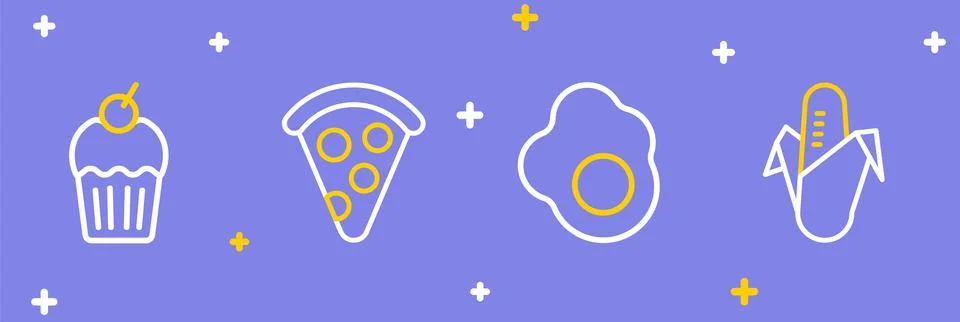Set line Corn, Scrambled egg, Slice of pizza and Muffin icon. Vector Illustrazione stock