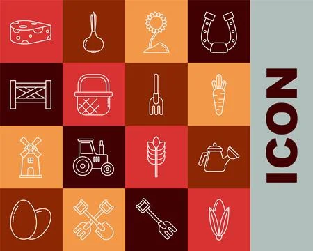 Set line Corn, Watering can, Carrot, Sunflower, Shopping basket, Garden fen.. Stock Illustration