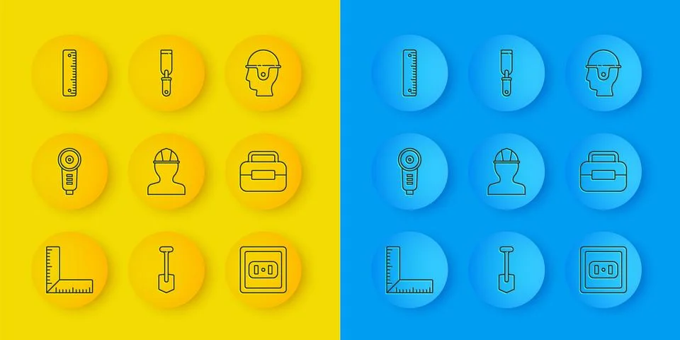 Set line Corner ruler, Angle grinder, Worker safety helmet, Electrical outlet Stock Illustration