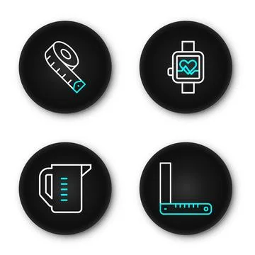 Set line Corner ruler, Measuring cup, Smart watch and tape icon. Vector Illustrazione stock