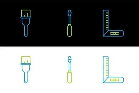 Set line Corner ruler, Paint brush and Screwdriver icon. Vector Stock Illustration
