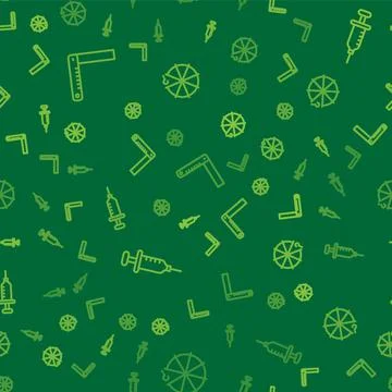 Set line Corner ruler, Syringe and Circle of pieces on seamless pattern. Vector 스톡 일러스트