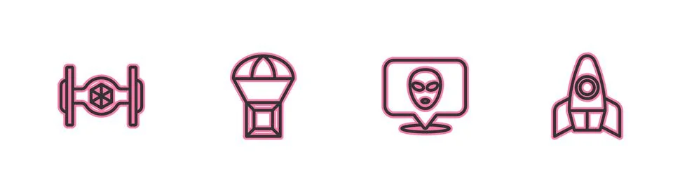 Set line Cosmic ship, Alien, Box flying on parachute and Rocket icon. Vector 스톡 일러스트