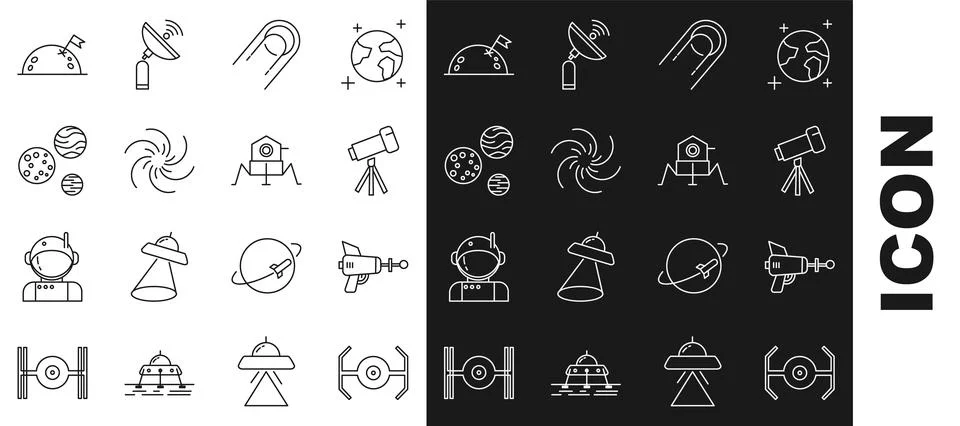 Set line Cosmic ship, Ray gun, Telescope, Satellite, Black hole, Planet, wi.. Stock Illustration