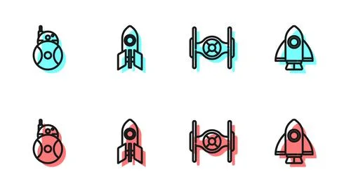 Set line Cosmic ship, Robot, Rocket and icon. Vector Stockillustratie