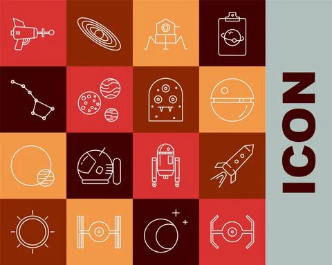 Set line Cosmic ship, Rocket with fire, Death star, Mars rover, Planet, Great Stock Illustration