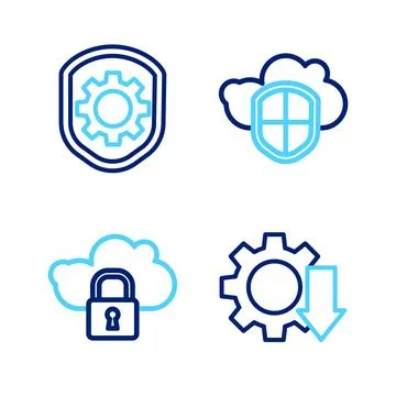Set line Cost reduction, Cloud computing lock, and shield and Shield with Ilustración de archivo