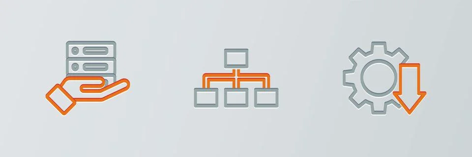 Set line Cost reduction, Server, Data, Web Hosting and Hierarchy organogram Stock Illustration