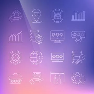 Set line Cost reduction, Server security with key, Password protection, shield Stock Illustration