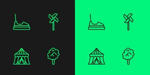Set line Cotton candy, Circus tent, Bumper car and Pinwheel toy icon. Vector Stock-Illustration