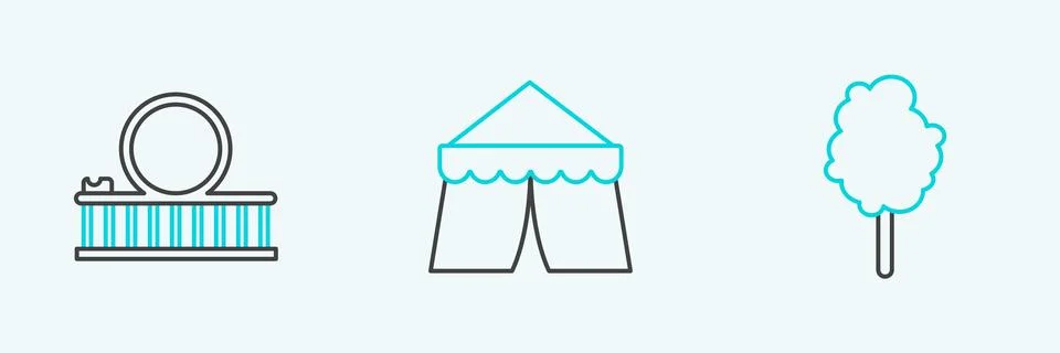 Set line Cotton candy, Roller coaster and Circus tent icon. Vector 스톡 일러스트