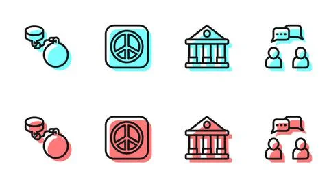 Set line Courthouse building, Ball on chain, Peace and Speech bubble chat icon Ilustración de archivo
