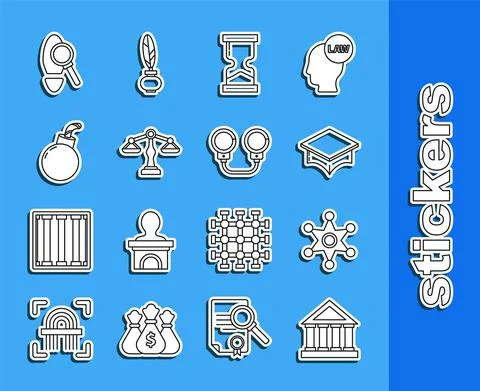 Set line Courthouse building, Hexagram sheriff, Graduation cap, Old hourglass Ilustración de archivo