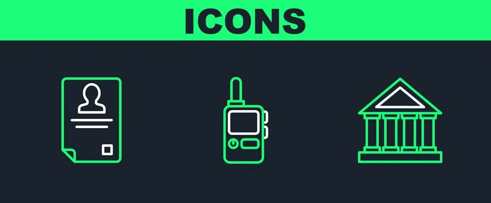 Set line Courthouse building, Identification badge and Walkie talkie icon. .. Ilustración de archivo