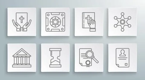 Set line Courthouse building, Safe, Old hourglass, Document with search Ilustración de archivo