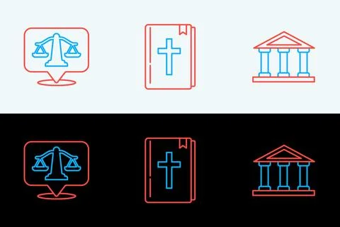 Set line Courthouse building, Scales of justice and Holy bible book icon. V.. Stock Illustration