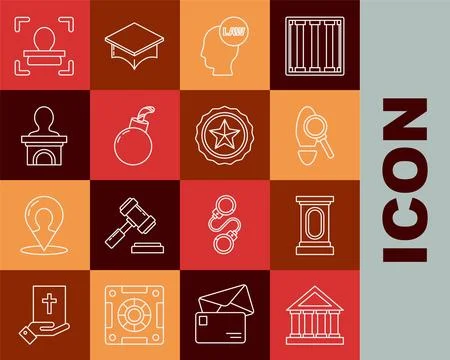 Set line Courthouse building, Stage stand or debate podium rostrum, Magnifying Ilustración de archivo