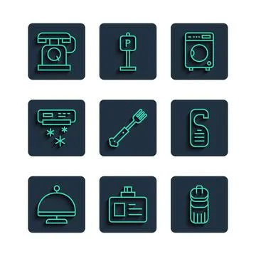 Set line Covered with tray, Identification badge, Trash can, Washer, Fork, Ai Ilustración de archivo