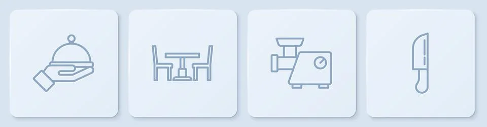 Set line Covered with tray, Kitchen meat grinder, Wooden table chair and Knife Illustrazione stock