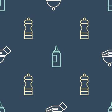Set line Covered with tray, Pepper and Sauce bottle on seamless pattern. Vector Stock Illustration