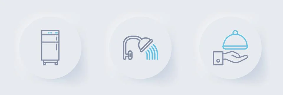 Set line Covered with tray, Shower head and Refrigerator icon. Vector Stock Illustration