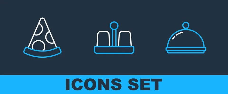 Set line Covered with tray, Slice of pizza and Salt and pepper icon. Vector Illustrazione stock