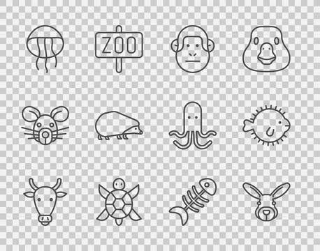 Set line Cow head, Rabbit, Monkey, Turtle, Jellyfish, Hedgehog, Fish skeleton Stock Illustration