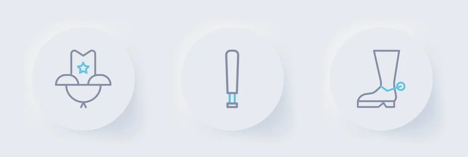 Set line Cowboy boot, Baseball bat and Western cowboy hat icon. Vector イラスト素材