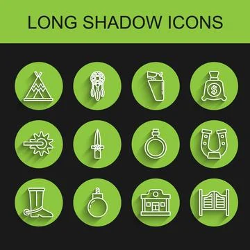 Set line Cowboy boot, Bomb ready to explode, Indian teepee or wigwam, Wild west 스톡 일러스트