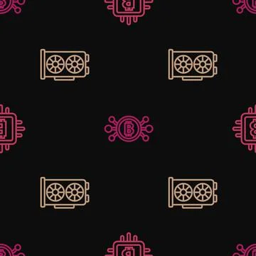 Set line CPU mining farm, Video graphic card and Bitcoin circuit on seamless Stock Illustration