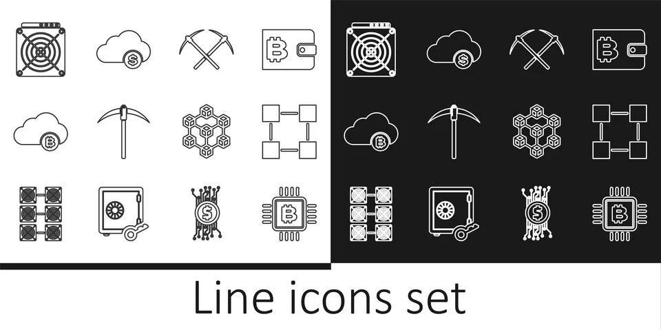 Set line CPU mining farm, Blockchain technology, Crossed pickaxe, Pickaxe Illustrazione stock