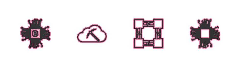 Set line CPU mining farm, Blockchain technology, Cryptocurrency cloud and 스톡 일러스트