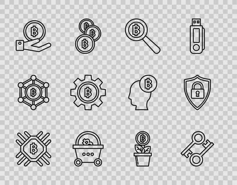 Set line CPU mining farm, Cryptocurrency key, Magnifying glass with Bitcoin Illustrazione stock