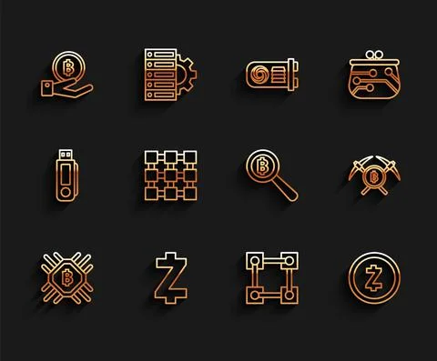 Set line CPU mining farm, Cryptocurrency coin Zcash ZEC, Hand holding Bitcoin Illustrazione stock