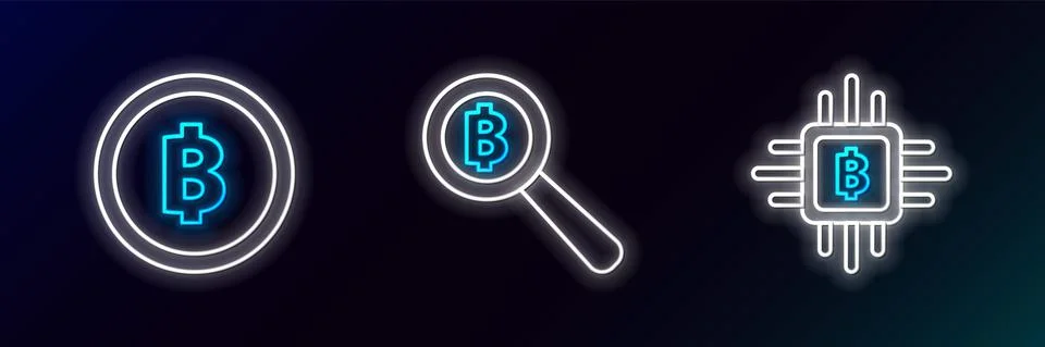 Set line CPU mining farm, Cryptocurrency coin Bitcoin and Magnifying glass with 스톡 일러스트
